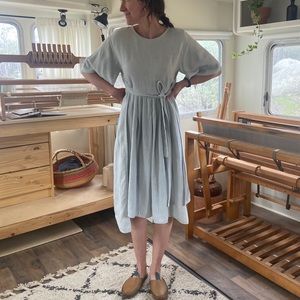 London sustainable brand PLUMO, kimono style wrap dress. 100% Linen.